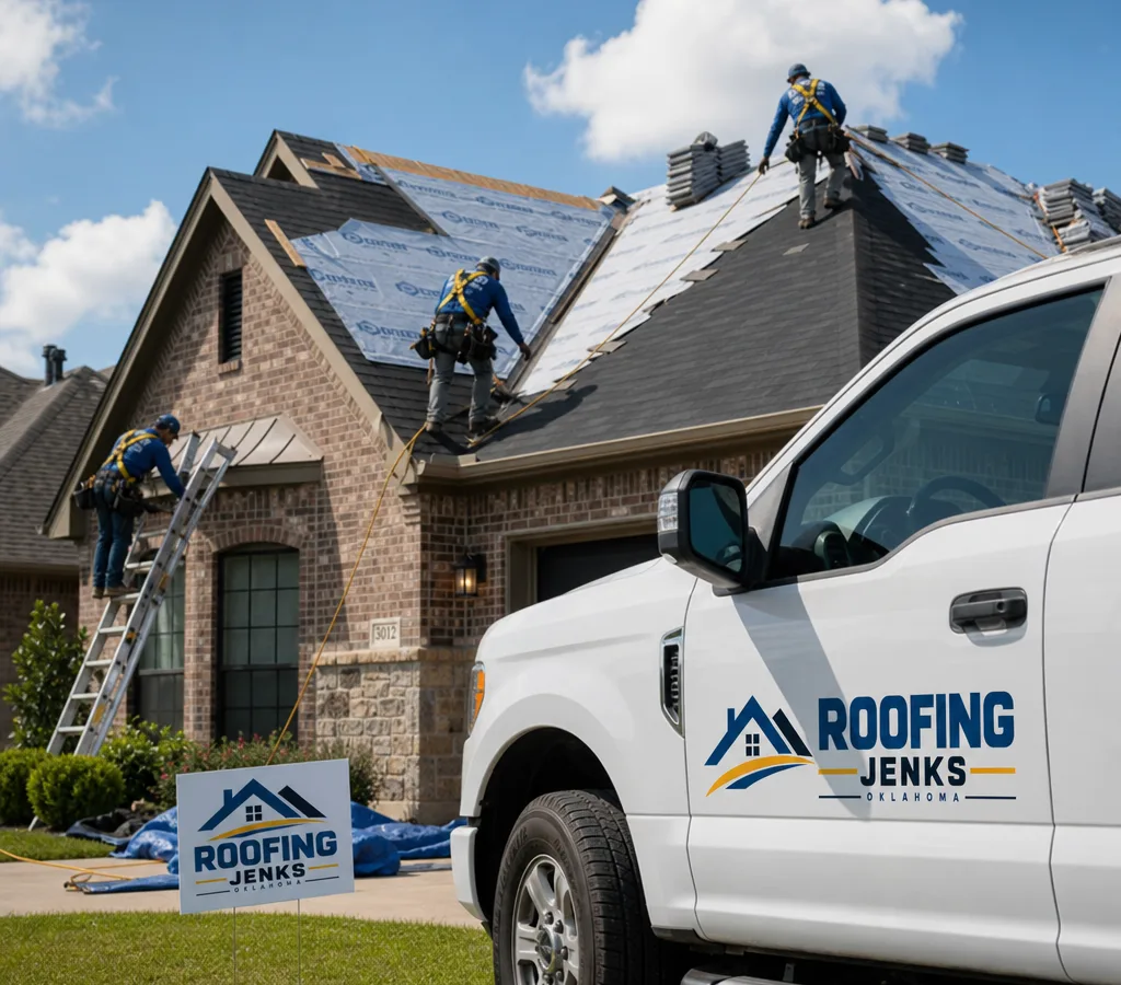 Roofing crew replacing asphalt shingles on a Jenks home with safety harnesses and a clean jobsite