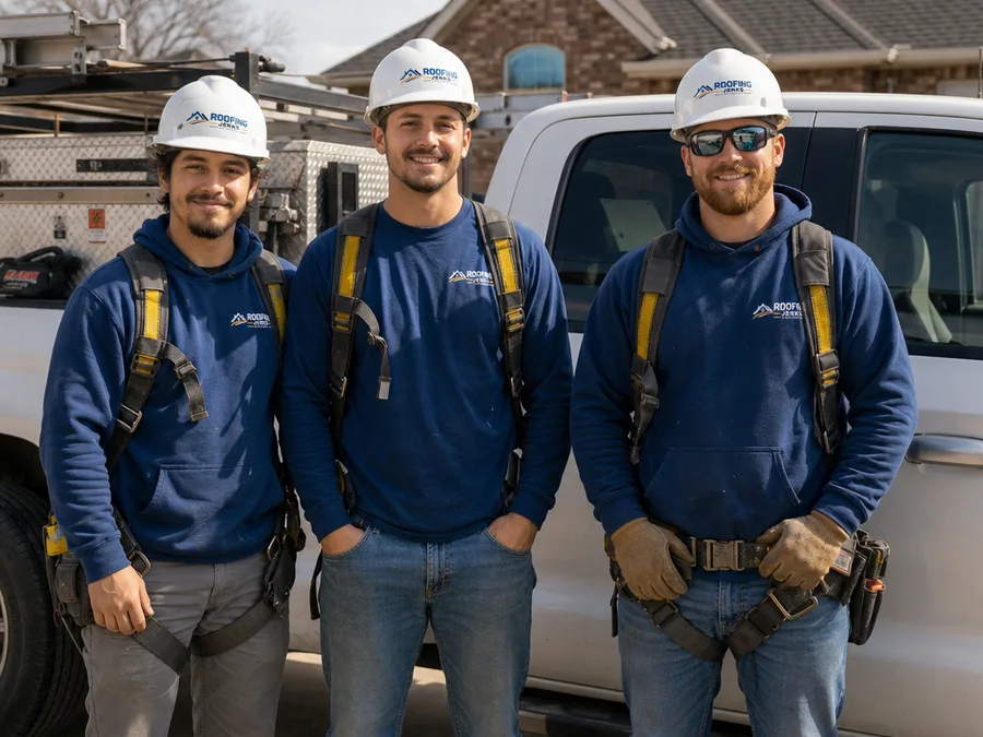 Roofing Jenks crew beside a work truck at a residential jobsite with safety gear and organized tools